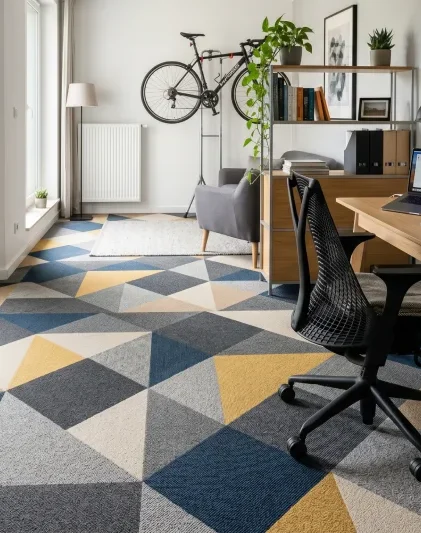 Nowoczesne płytki dywanowe ułożone w geometryczny wzór w domowym biurze.