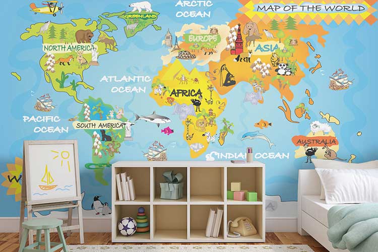 fototapeta, kolorowa mapa świata, mapa świata dla dzieci